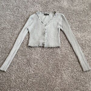Gray Ribbed V-Neck Button-Up Women's Top